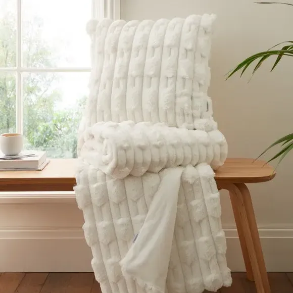 Square Cushion with Carved Design - Cream, Faux Fur