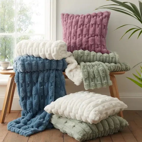 Square Cushion with Carved Design - Cream, Faux Fur