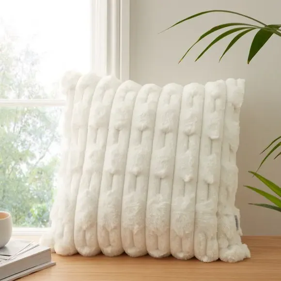 Square Cushion with Carved Design - Cream, Faux Fur