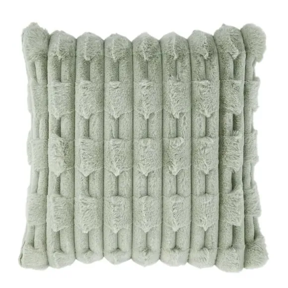 Square Cushion with Carved Design - Green, Faux Fur