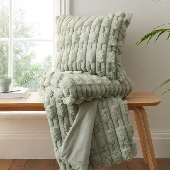 Square Cushion with Carved Design - Green, Faux Fur