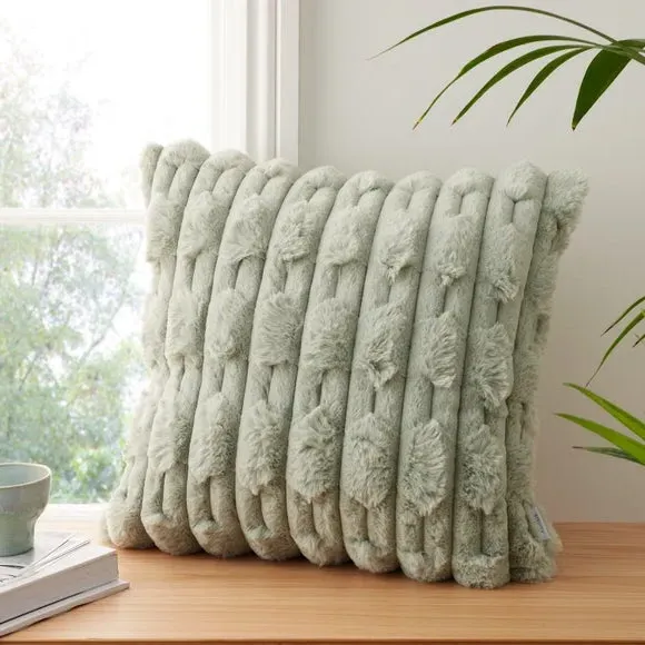 Square Cushion with Carved Design - Green, Faux Fur