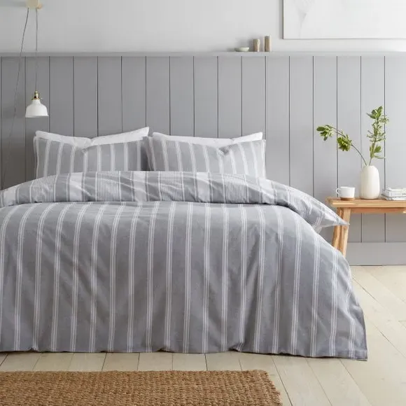 Striped Duvet Cover Set - Grey, Brushed Cotton