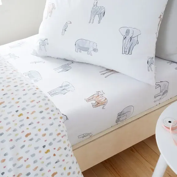 Zoo Animals Fitted Sheet - White, Cotton