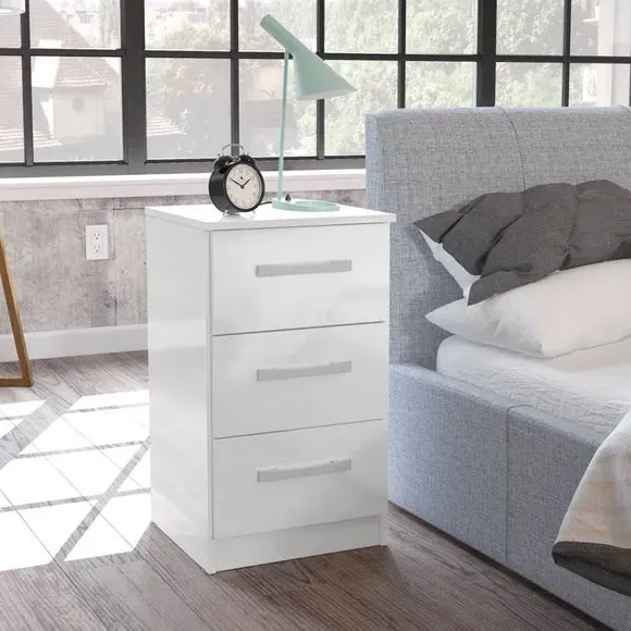 3-Drawer Bedside Table with Gloss Finish - White