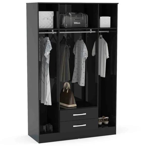 4-Door Wardrobe with Mirror - Black, MDP