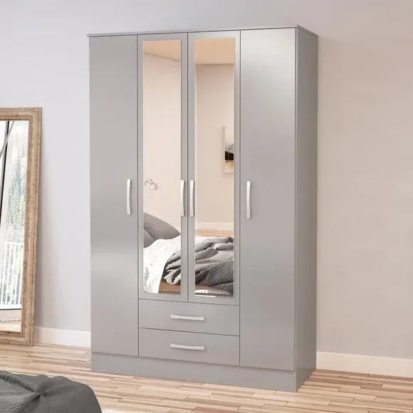 4-Door Wardrobe with Mirror - Grey, MDP