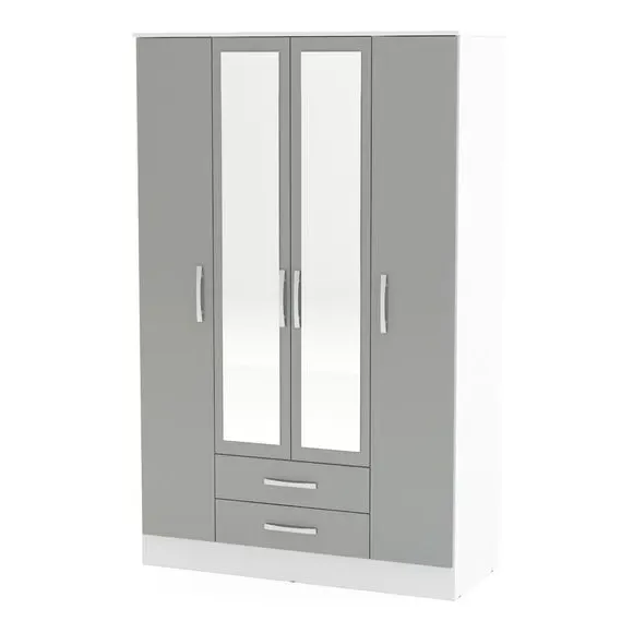 4-Door Wardrobe with Mirror - Grey White, MDP