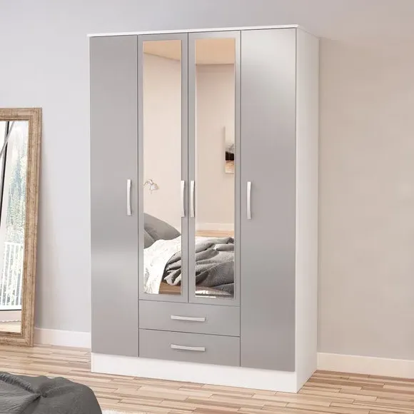 4-Door Wardrobe with Mirror - Grey White, MDP