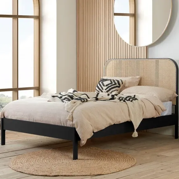 Bed Frame with Curved Headboard - Black, Rattan image