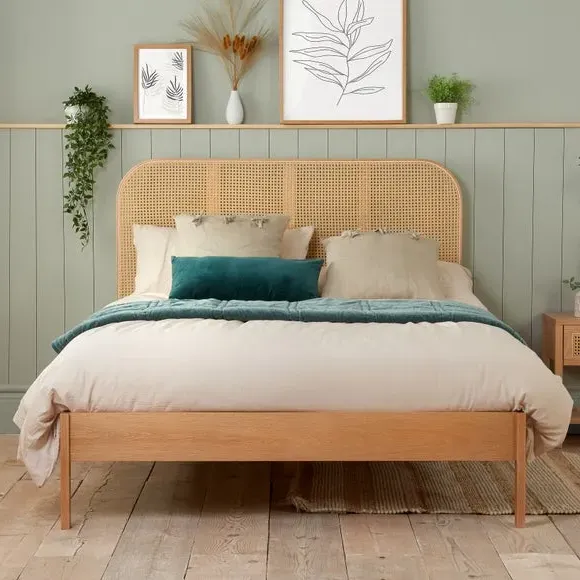 Bed Frame with Curved Headboard - Oak, Rattan