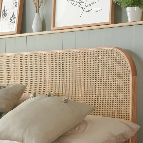 Bed Frame with Curved Headboard - Oak, Rattan