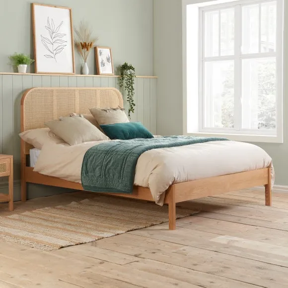 Bed Frame with Curved Headboard - Oak, Rattan