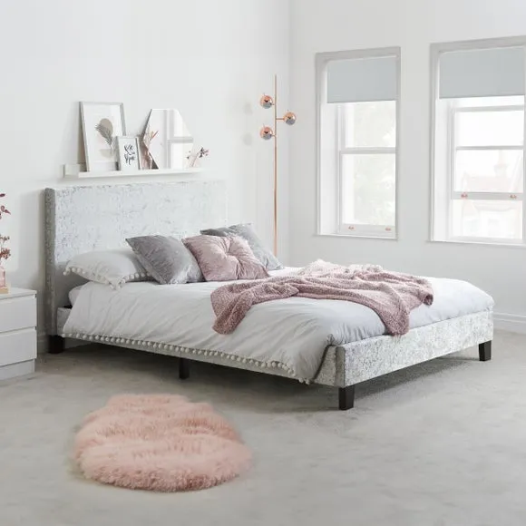 Bed Frame with Cushioned Headboard - Silver, Velvet