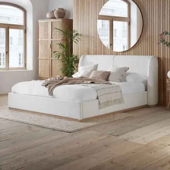 Bed Frame with Upholstered Headboard - White, Boucle image