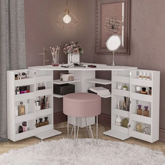 Corner Dressing Table with Storage - White