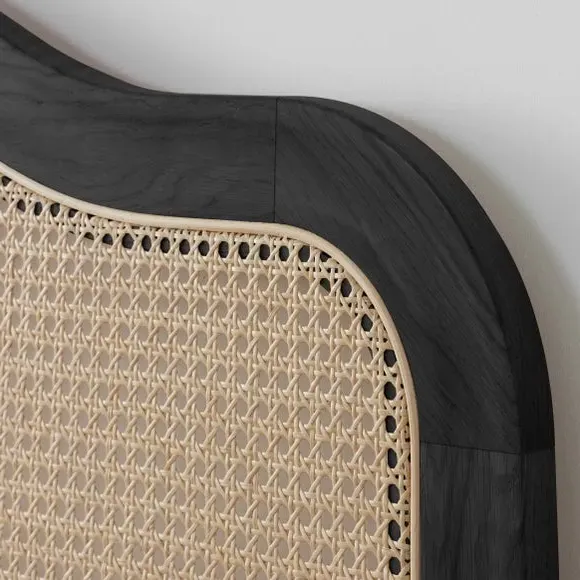 Curved Bed Frame with Rattan Headboard - Black, Oak