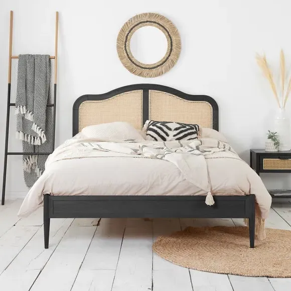 Curved Bed Frame with Rattan Headboard - Black, Oak
