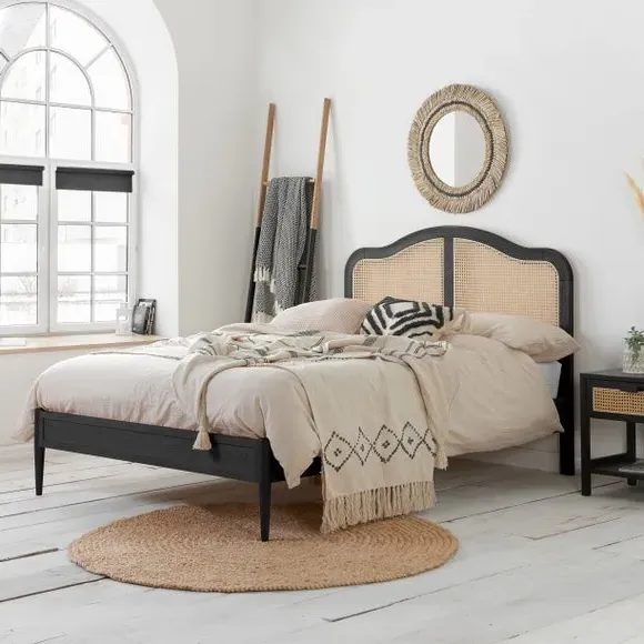 Curved Bed Frame with Rattan Headboard - Black, Oak image