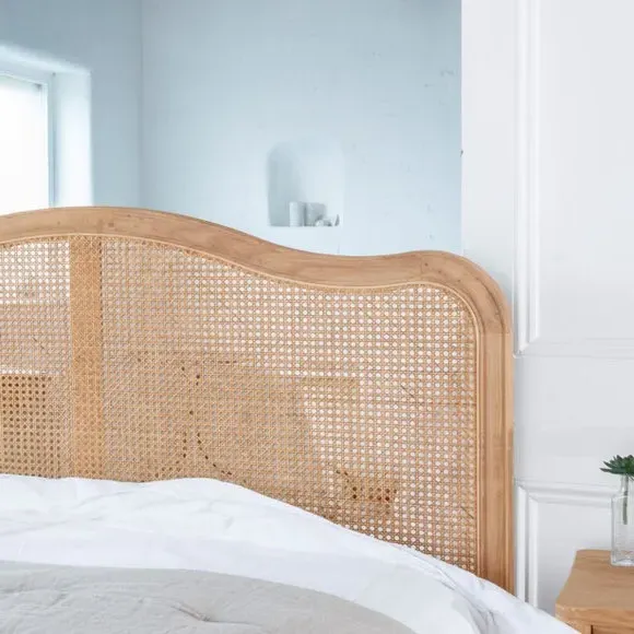 Curved Bed Frame with Rattan Headboard - Oak