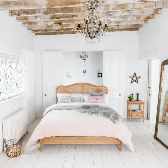 Curved Bed Frame with Rattan Headboard - Oak