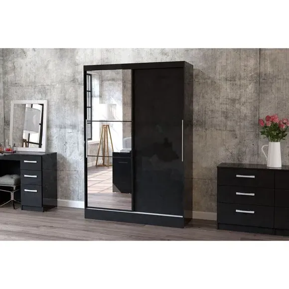 Double Sliding Wardrobe with Mirror - Black
