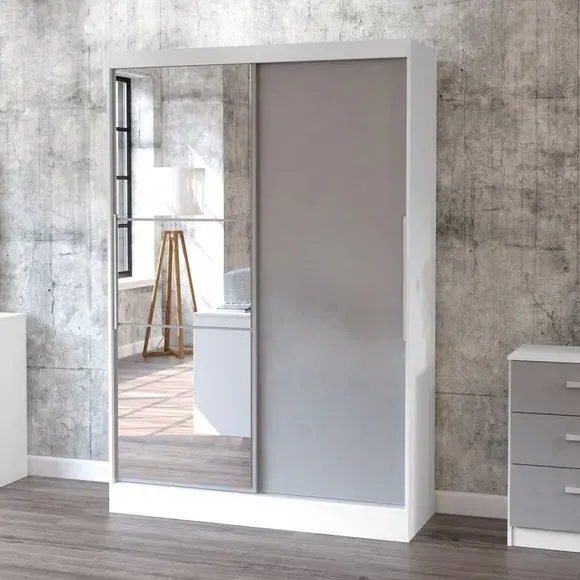 Double Sliding Wardrobe with Mirror - White