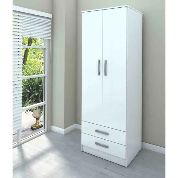 Double Wardrobe with Drawer - White, High Gloss image