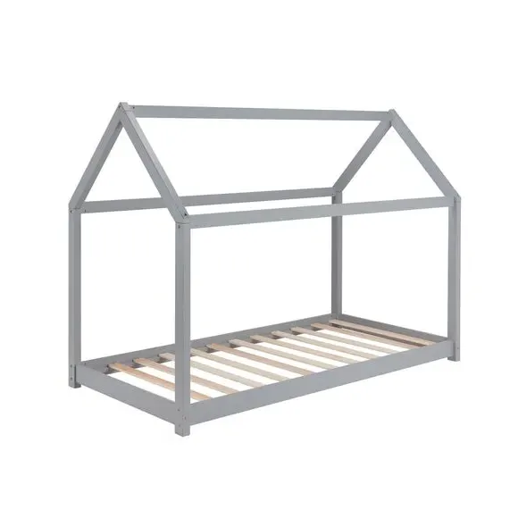 House Bed Frame with Canopy - Grey, Wood