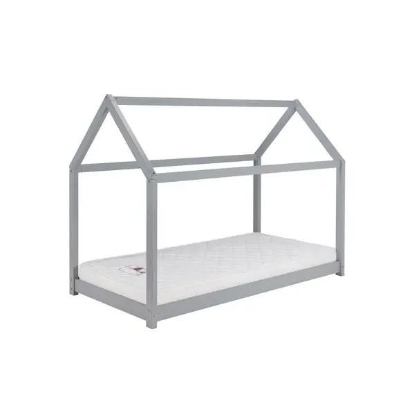 House Bed Frame with Canopy - Grey, Wood