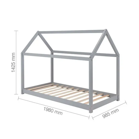 House Bed Frame with Canopy - Grey, Wood