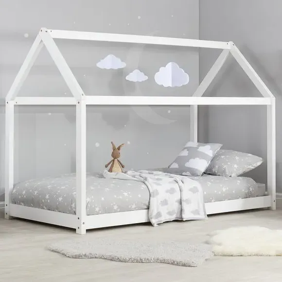House Bed Frame with Canopy - White, Wood