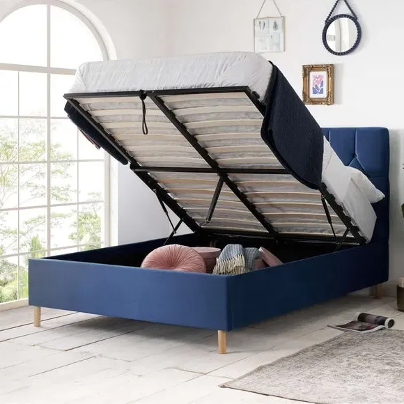 Ottoman Bed Frame with Storage - Blue, Velvet