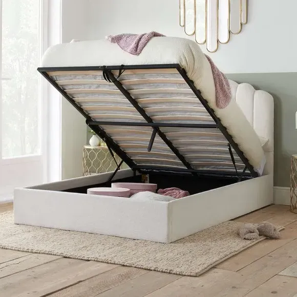 Ottoman Bed Frame with Storage - Off-White, Fabric