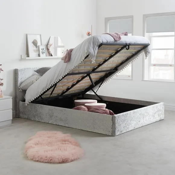 Ottoman Bed Frame with Storage - Silver, Velvet