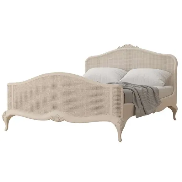 Rattan Bed Frame with Carved Details - Cream