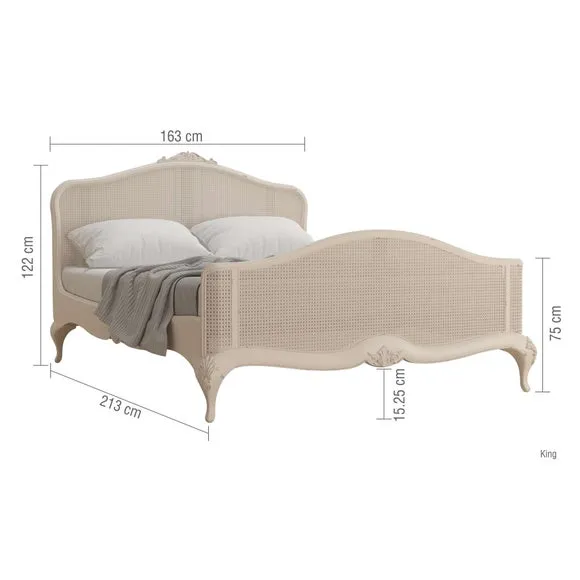 Rattan Bed Frame with Carved Details - Cream