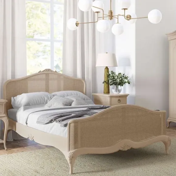 Rattan Bed Frame with Carved Details - Cream
