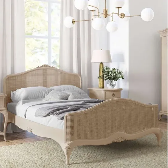 Rattan Bed Frame with Carved Details - Cream
