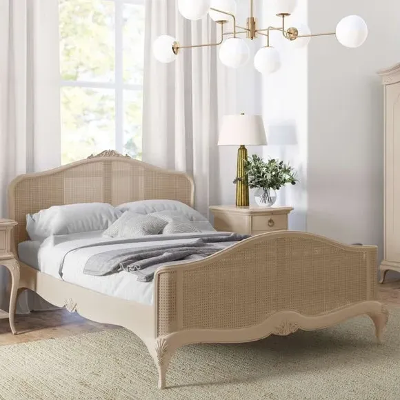 Rattan Bed Frame with Carved Details - Cream image