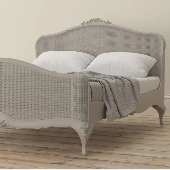 Rattan Bed Frame with Carved Details - Grey, Wood