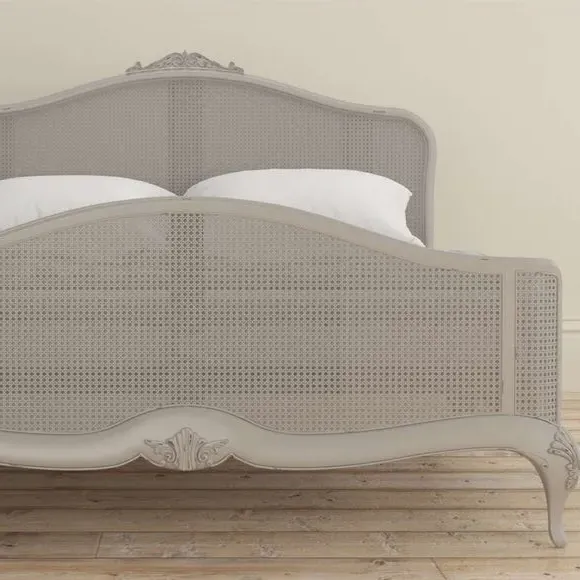 Rattan Bed Frame with Carved Details - Grey, Wood