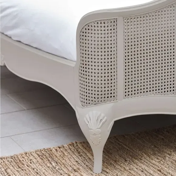 Rattan Bed Frame with Carved Details - Grey, Wood