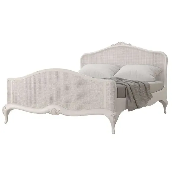 Rattan Bed Frame with Carved Details - Grey, Wood