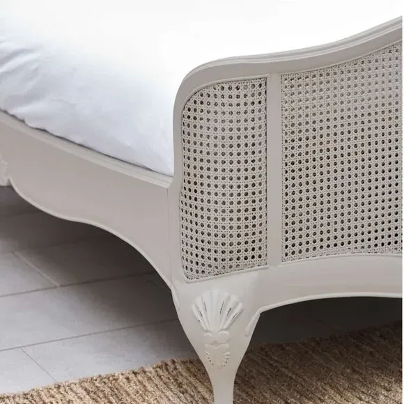 Rattan Bed Frame with Carved Details - Grey, Wood