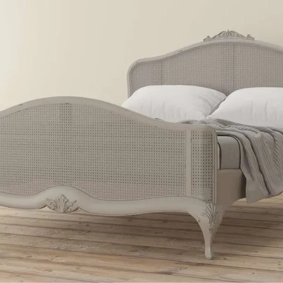 Rattan Bed Frame with Carved Details - Grey, Wood