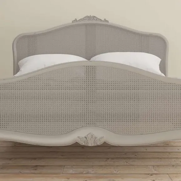 Rattan Bed Frame with Carved Details - Grey, Wood