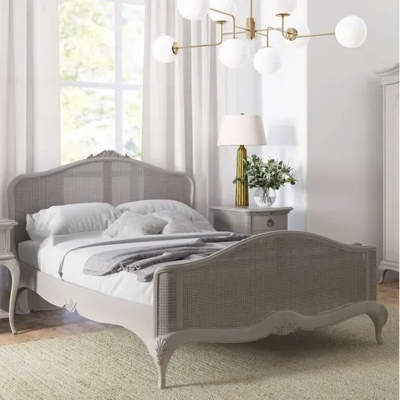 Rattan Bed Frame with Carved Details - Grey, Wood