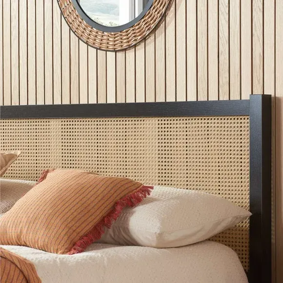Rattan Bed with Low Foot End - Black, Wood Effect