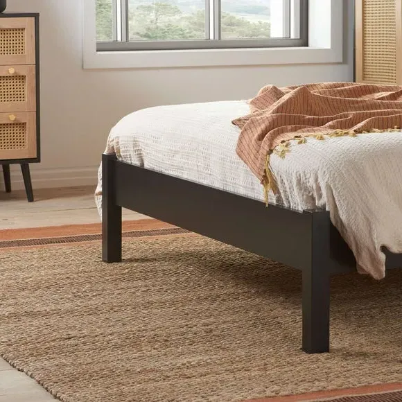 Rattan Bed with Low Foot End - Black, Wood Effect